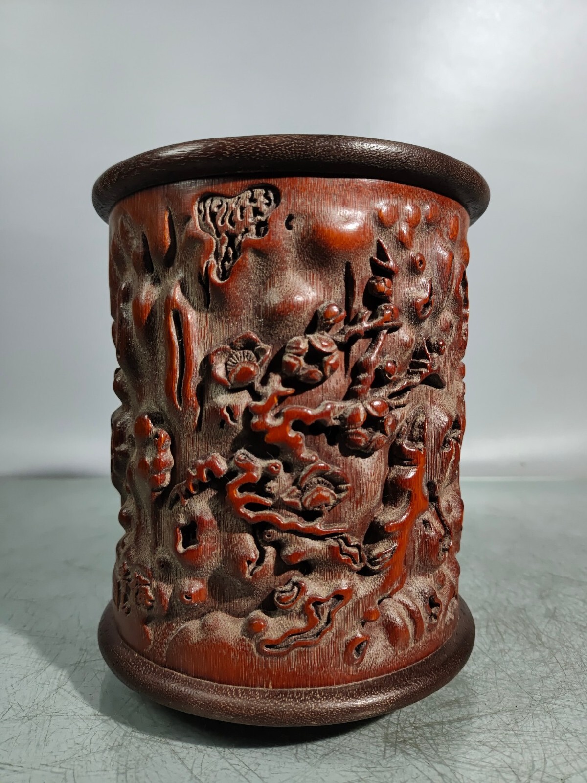 16cm china handmade carved plum blossom Exquisite natural bamboo Pen Brush pot