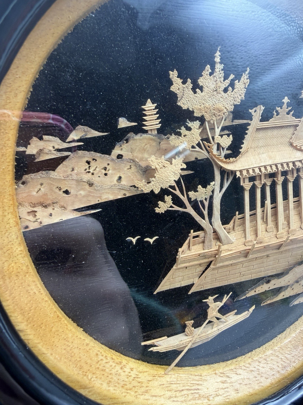 Vintage Traditional Chinese Handcarved Cork Pagoda Tree Framed Scupture Diorama