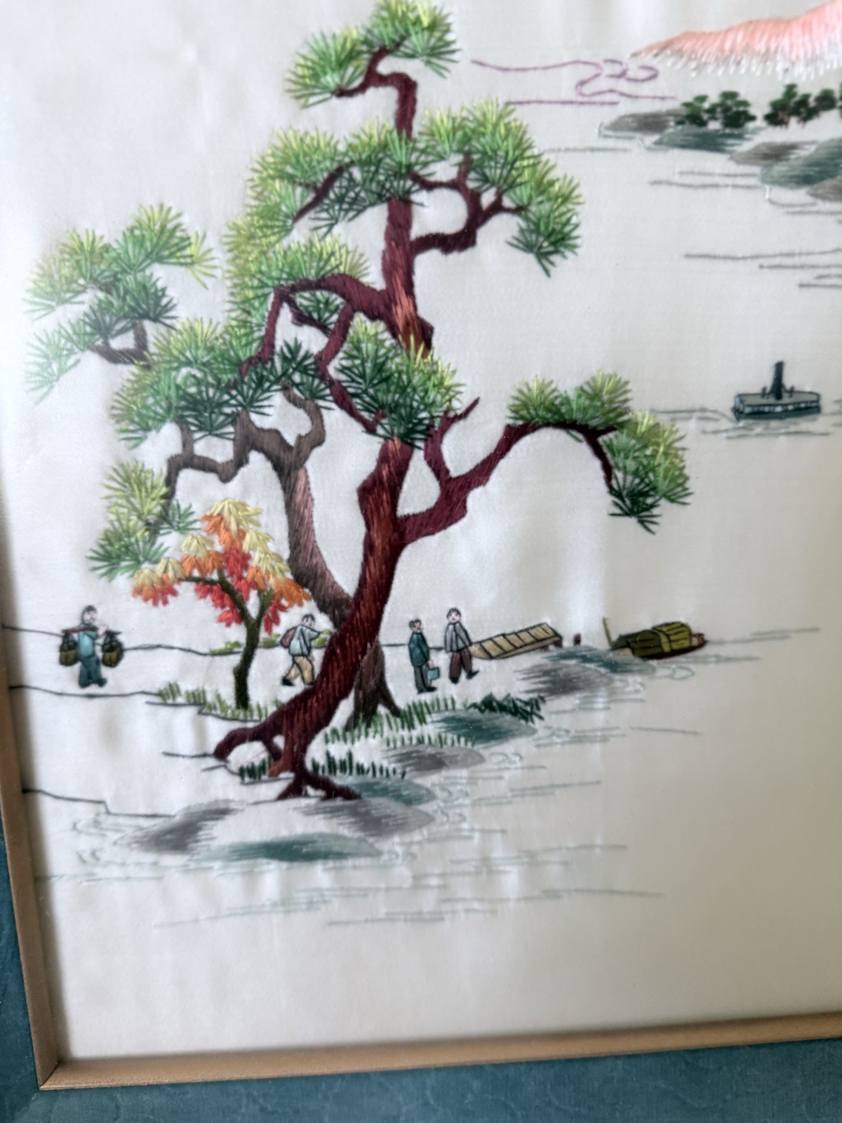 VINTAGE Chinese Landscape Fine Silk Embroidery Scenic Artwork Framed 22 x 16.5″