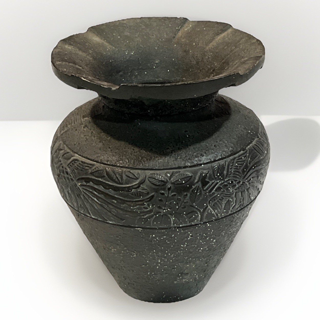 Chinese Stone Cast Vase Metal Decorated Design Iron? Asian Flowers Motif