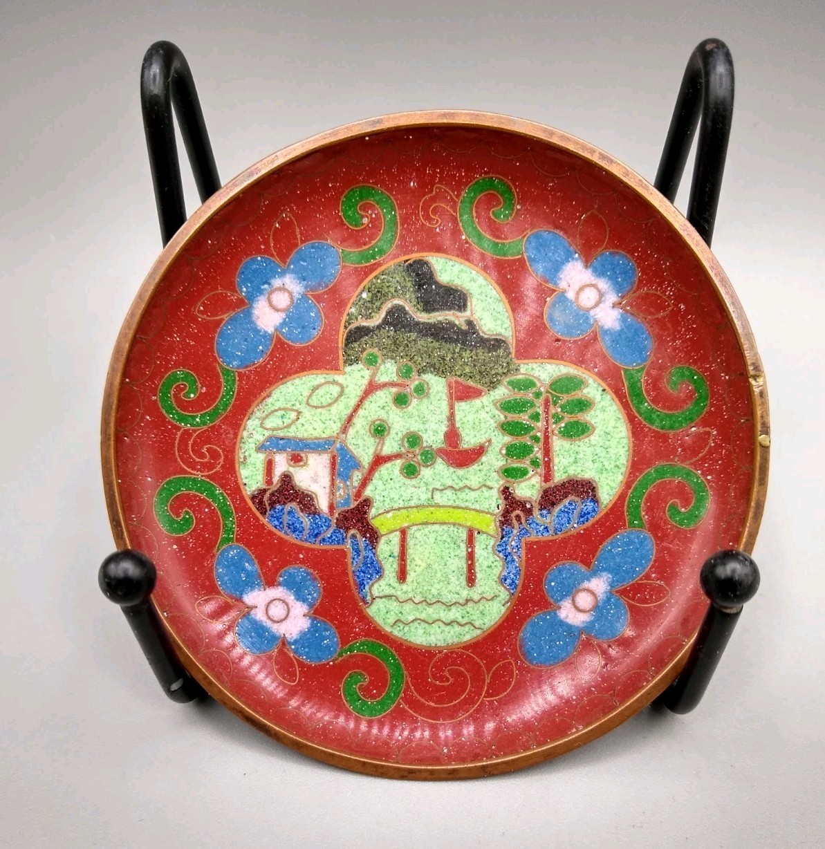 2 Vintage Chinese Cloisonné Enamel Dishes floral and landscape scene 3.75”