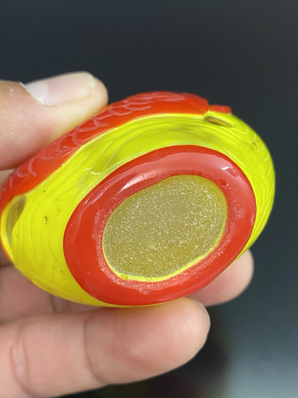 Antique Chinese Peking Glass Yellow Overlay Snuff Bottle Jade Top Koi Fish Motif