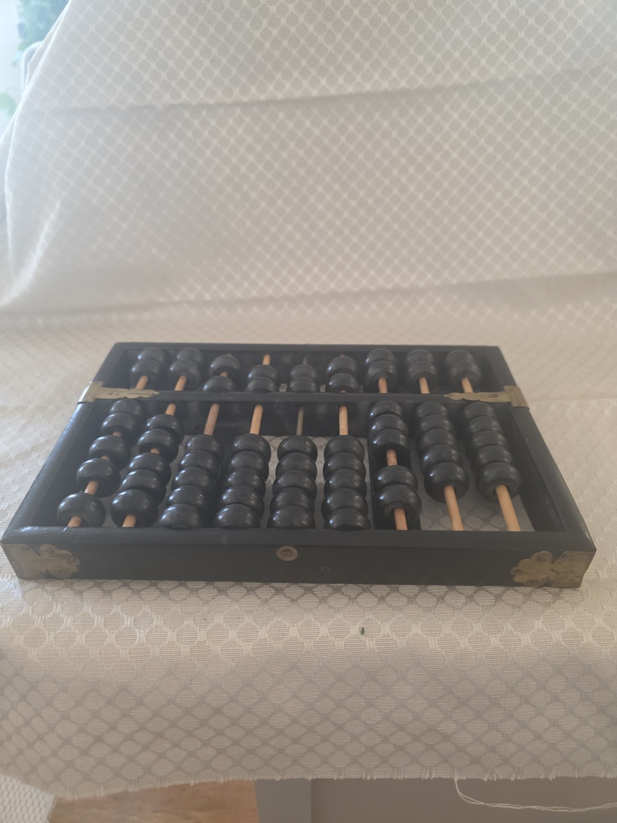 Vintage Chinese Lotus-Flower Brand Wood Abacus Suanpan 9 Column Brass Accents