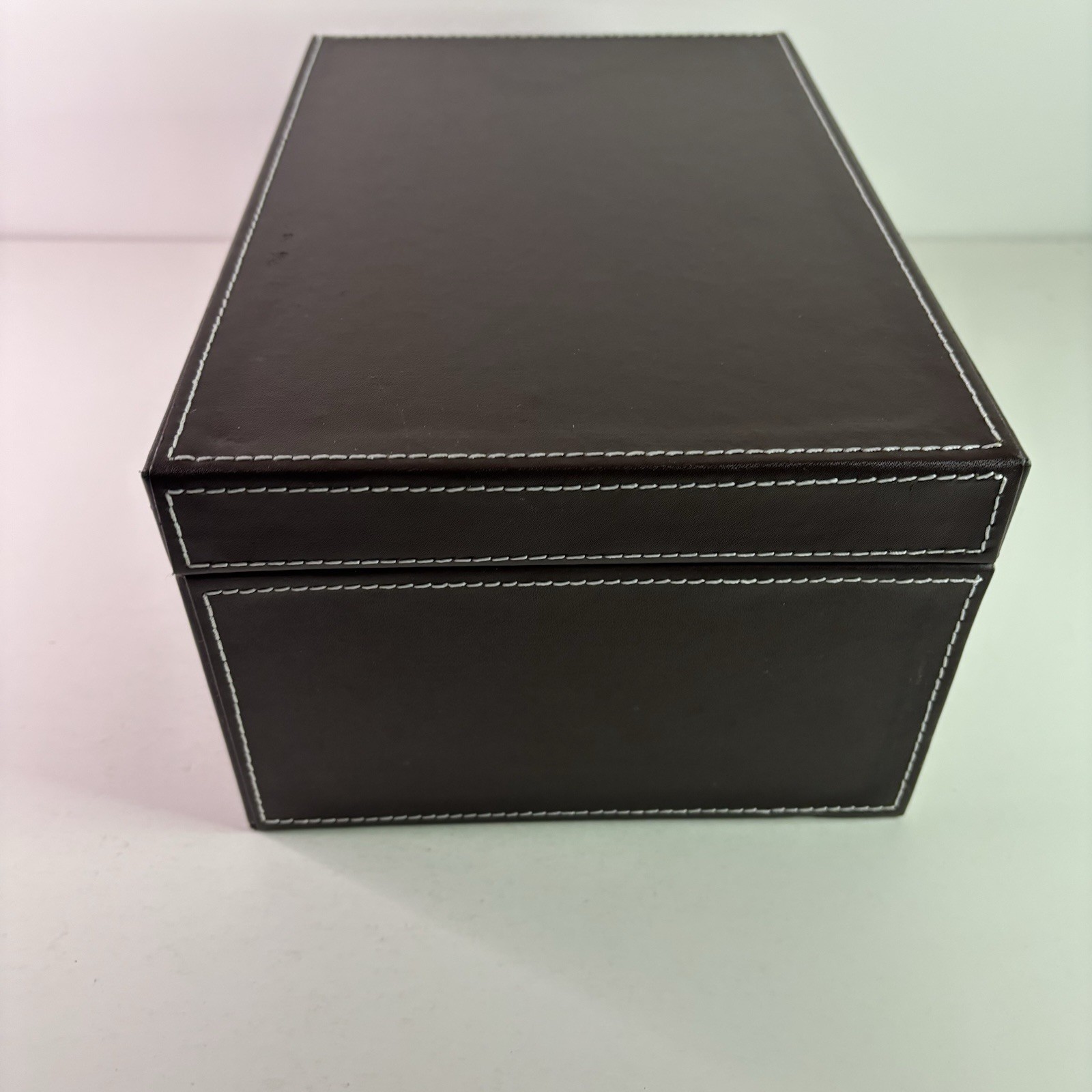 Photo Storage Organizer Box w/ Cases. Faux Brown Leather, Clear Cases with label