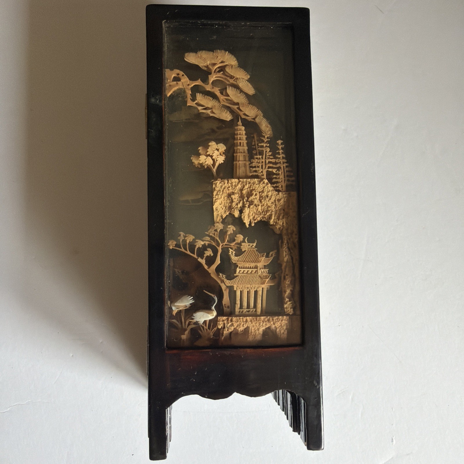 Vtg Chinese Cork Art Screen Folding 4 Panel Glass Pagoda Cranes Black Lacquer