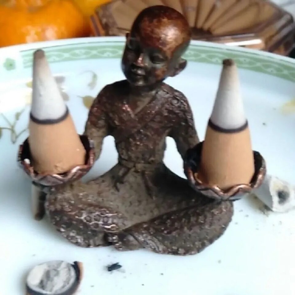 Pure Copper Incense Burner Ornaments Young Monk Holding Lotus Candlestick Stove