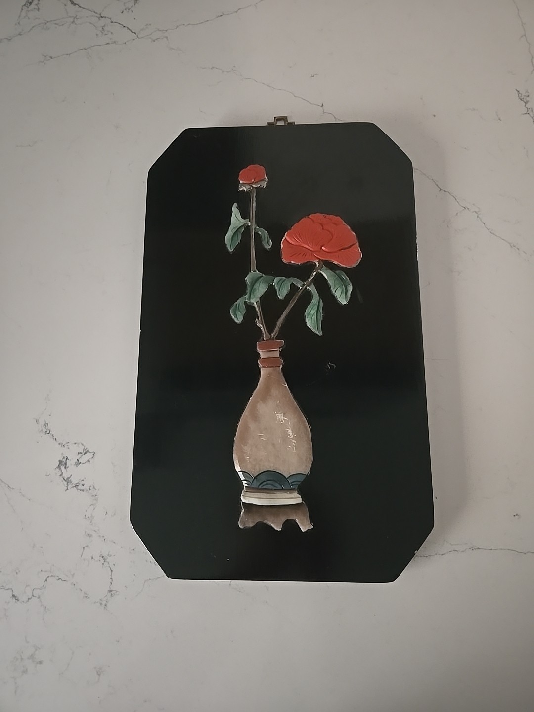 Black Lacquered Carved Soapstone Wall Decor W Flowers In Vase. 1950’s Asian