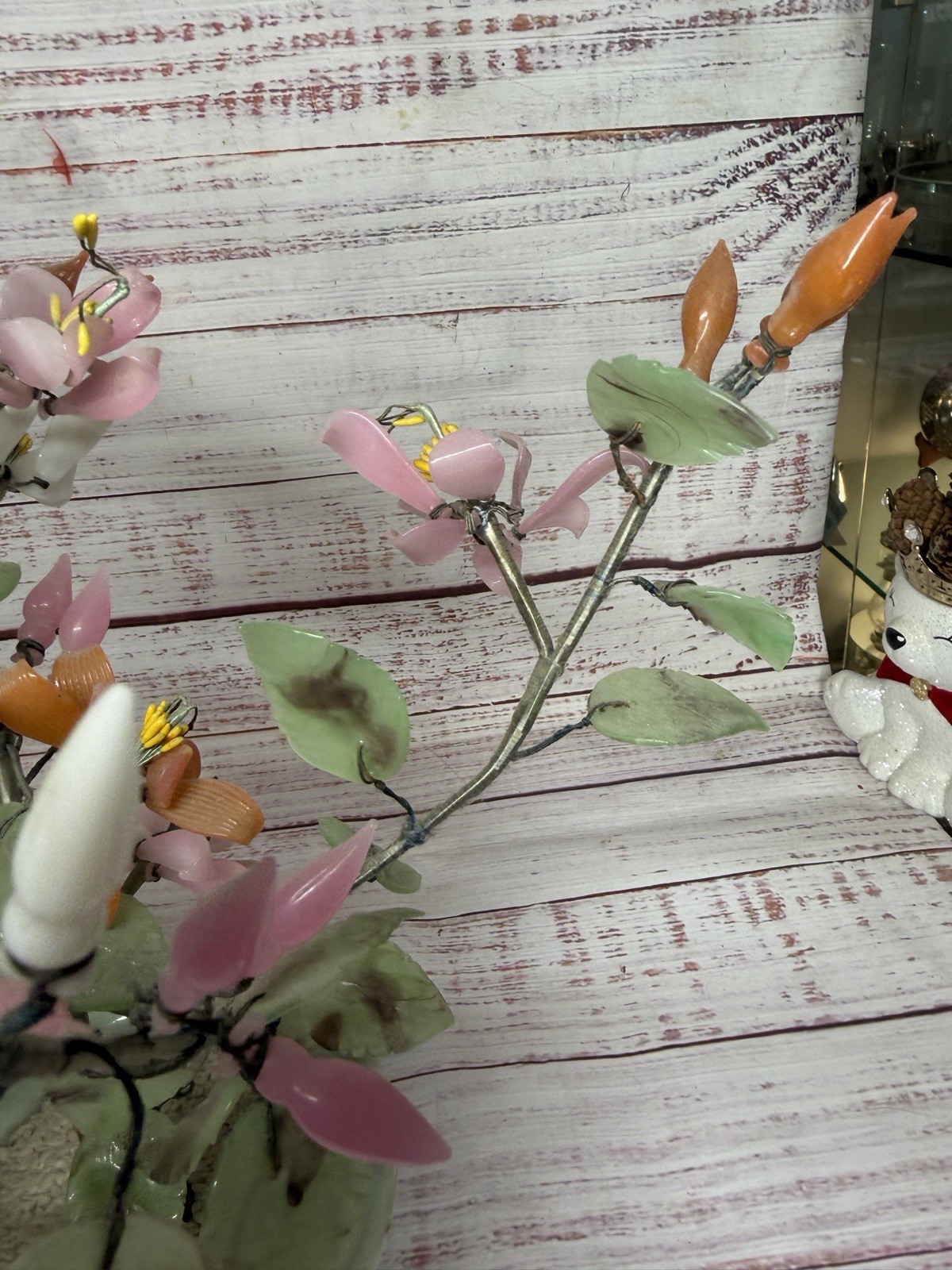 Vintage Japanese Chinese Asian Jade Glass Flowering Bonsai Tree 16”x12” Wide