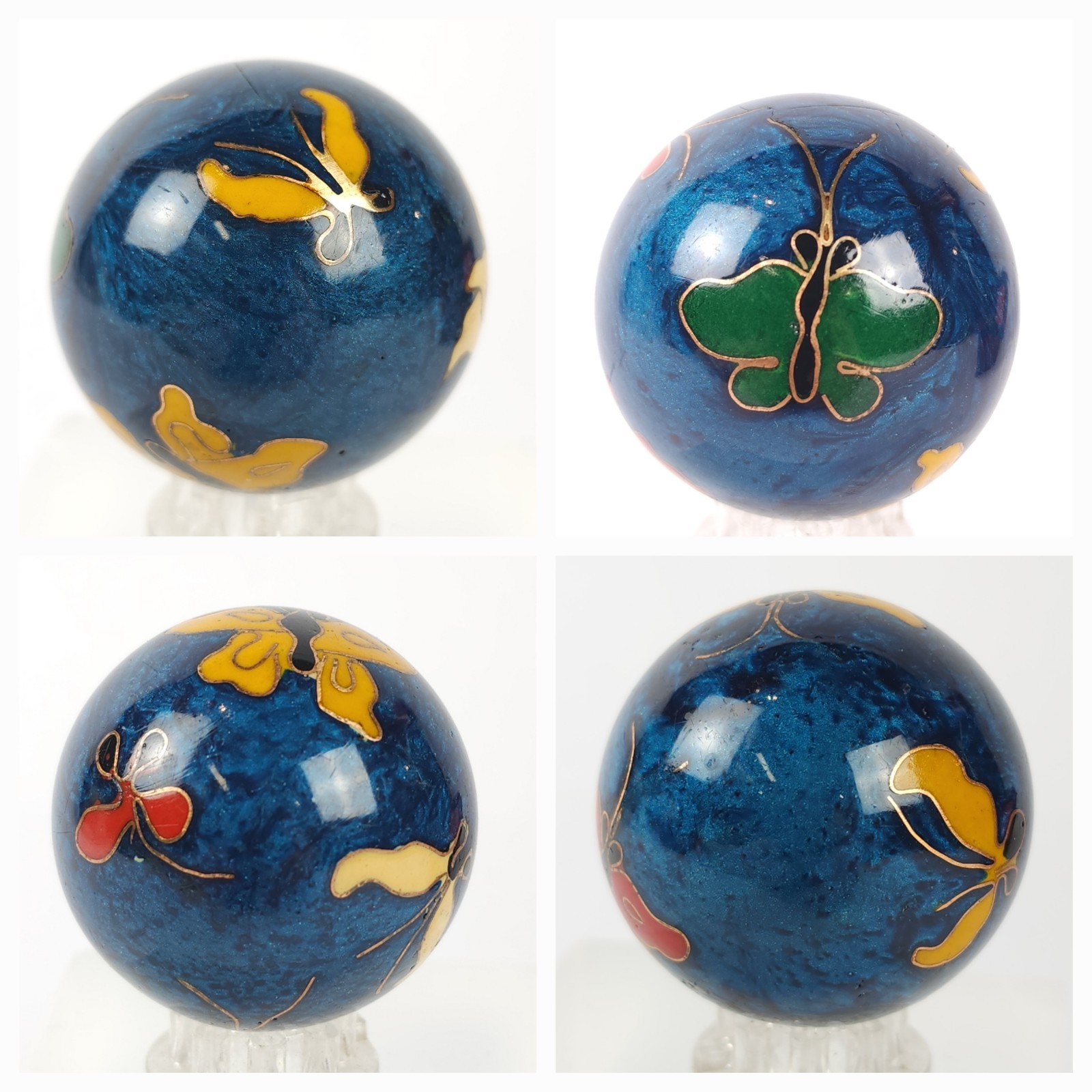 Vintage Chinese Cloisonné Baoding Health Balls w Box Blue Enamel w Butterflies