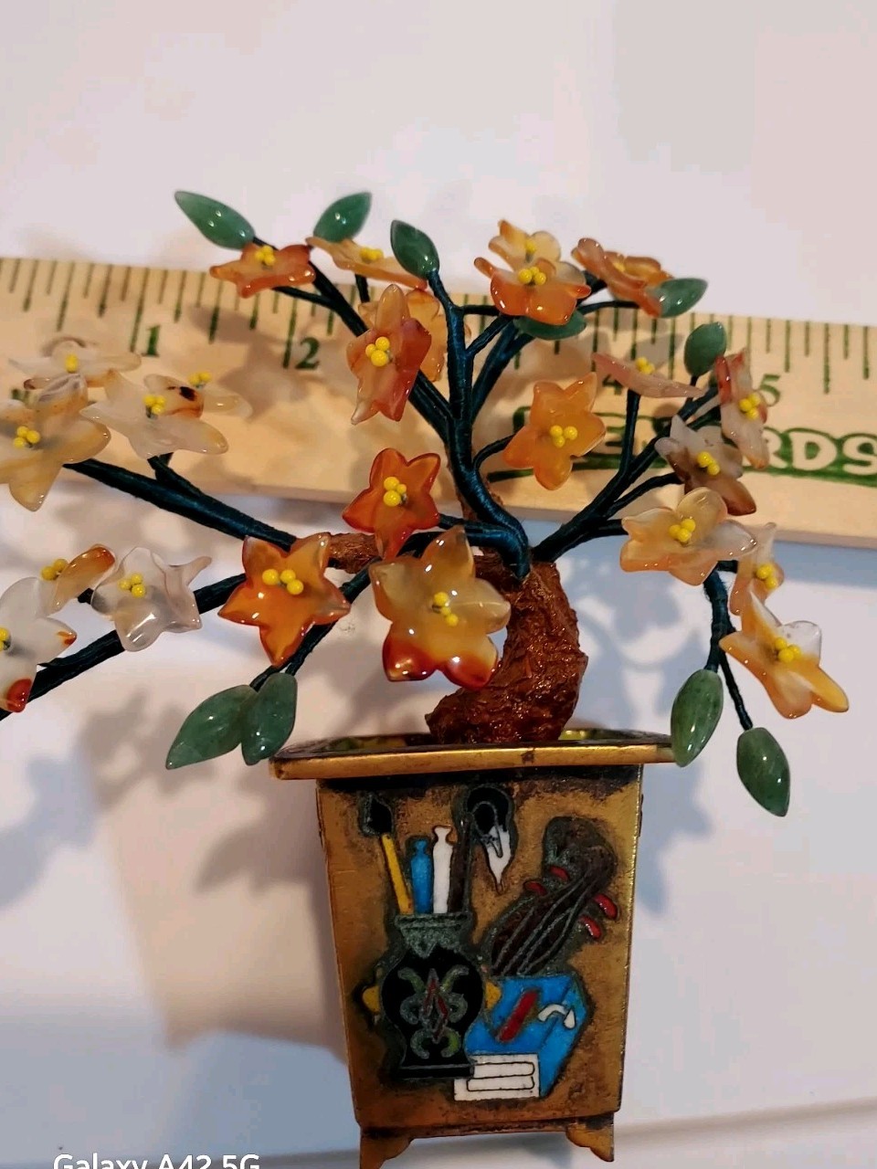 Vintage Carved Jade Tree Bonsai Flowers Cloisonne Planter Gemstones Carnelian