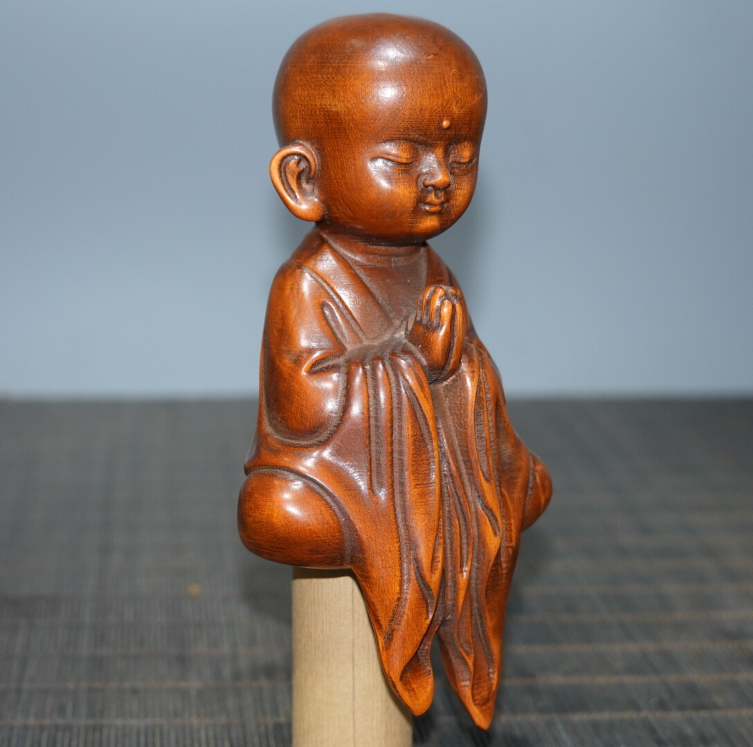 4.7″Collect China Box-wood Carving Small Little Monk Enlightenment Buddha Statue