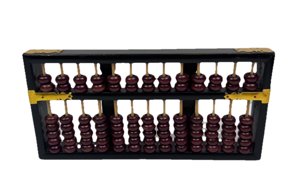 Vintage Chinese Abacus Wood & Brass Calculator 13 Row 91 Red Beads Brass Accents
