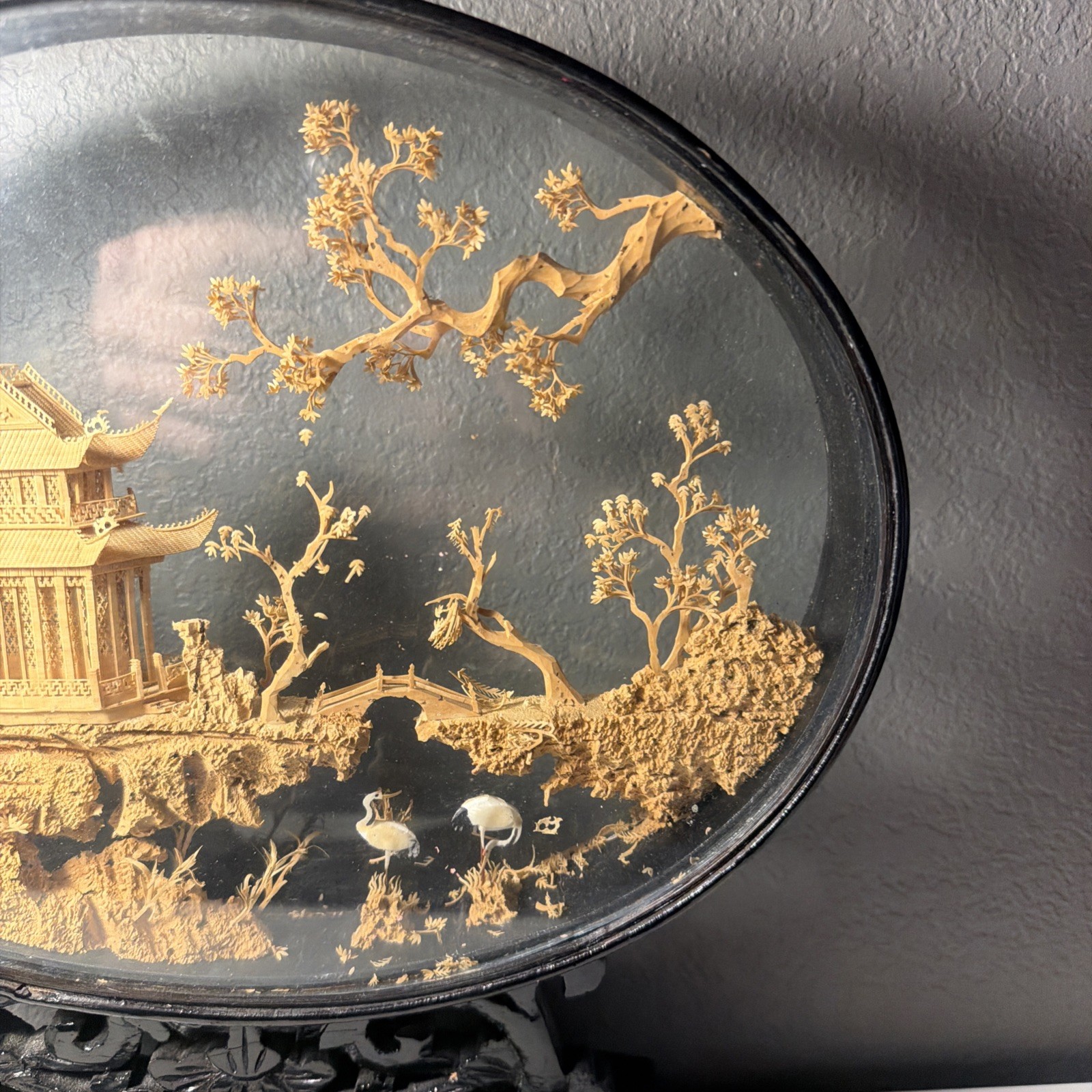VTG Chinese Hand Carved Cork Diorama Shadow Box Asian Art Pagoda Cranes Trees