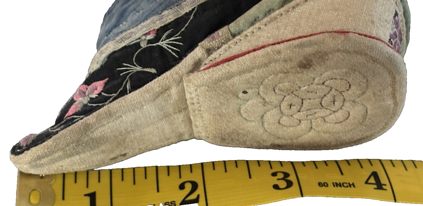 Antique Chinese 19th Cen Qing Dynasty Silk Embroidered Lotus Bound Foot Shoe 4″
