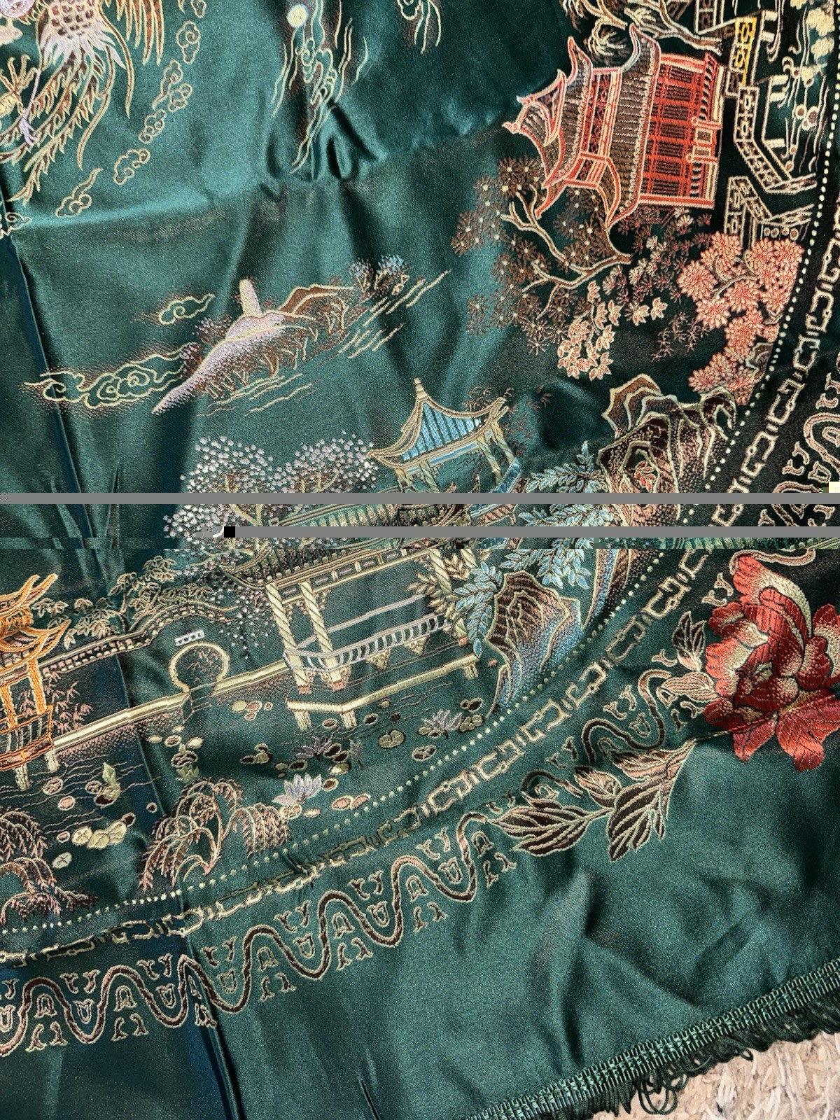 VTG Hangzhou Chinese Silk Brocade Piano Scarf Dragon Phoenix Tablecloth 48”