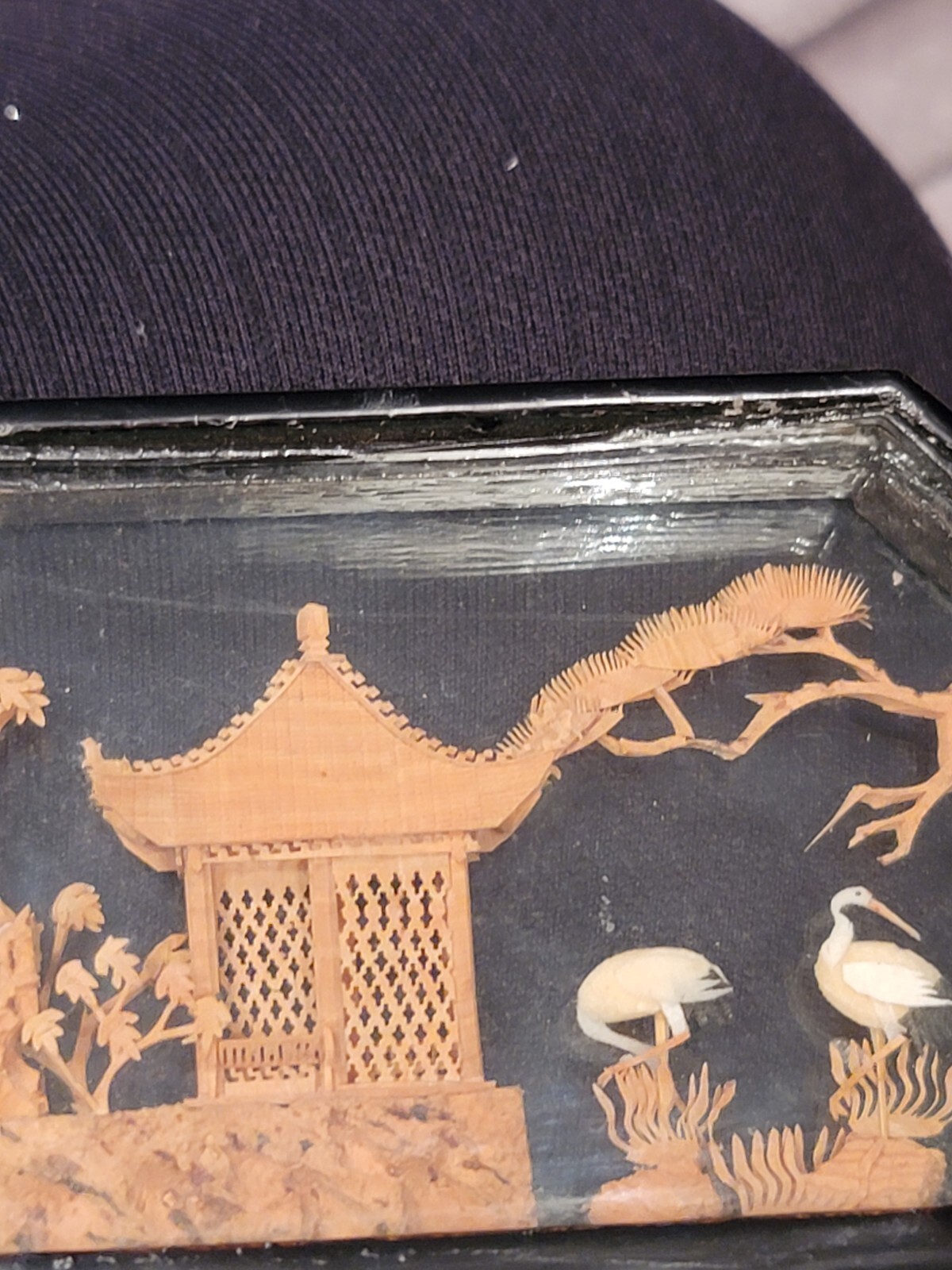 Chinese Cork & Wood Diorama Hand Carved Asian Crane Pagoda Tree Art Glass