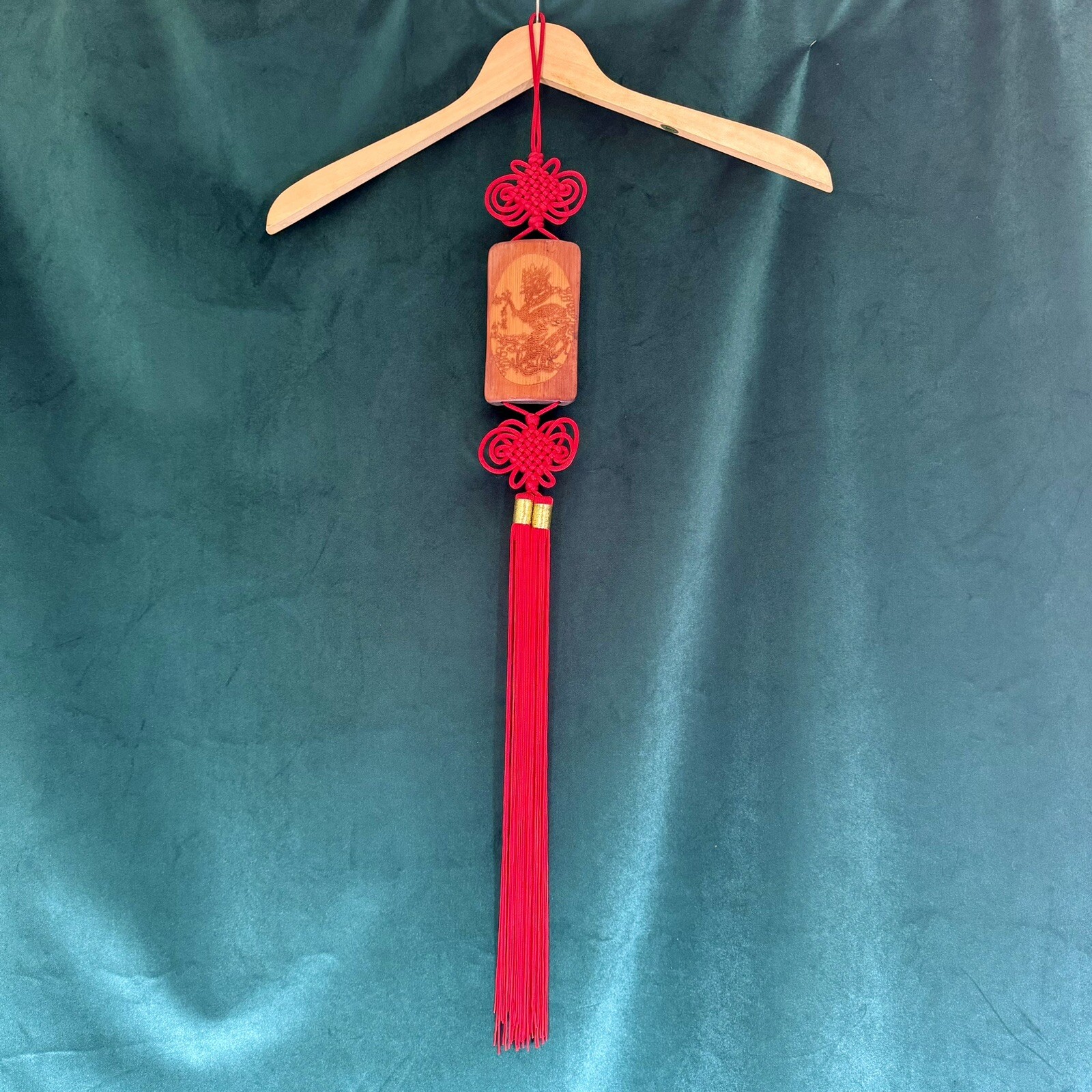 Chinese Hanging Art With dragon Wood & Red Tassel 31” Long Oriental