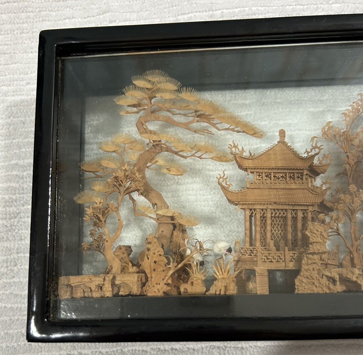 Chinese Carved Cork Art Shadow Box Pagoda Black Wood Frame 7.5”x5”