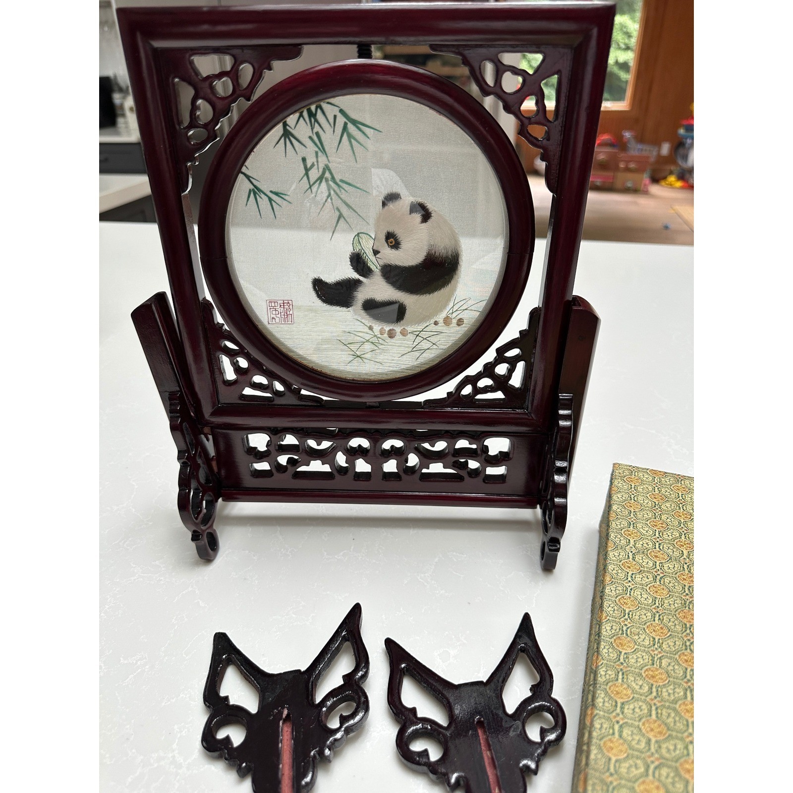 Vintage Chinese Double Sided Silk Embroidery Panda Rotating Table Screen Boxed