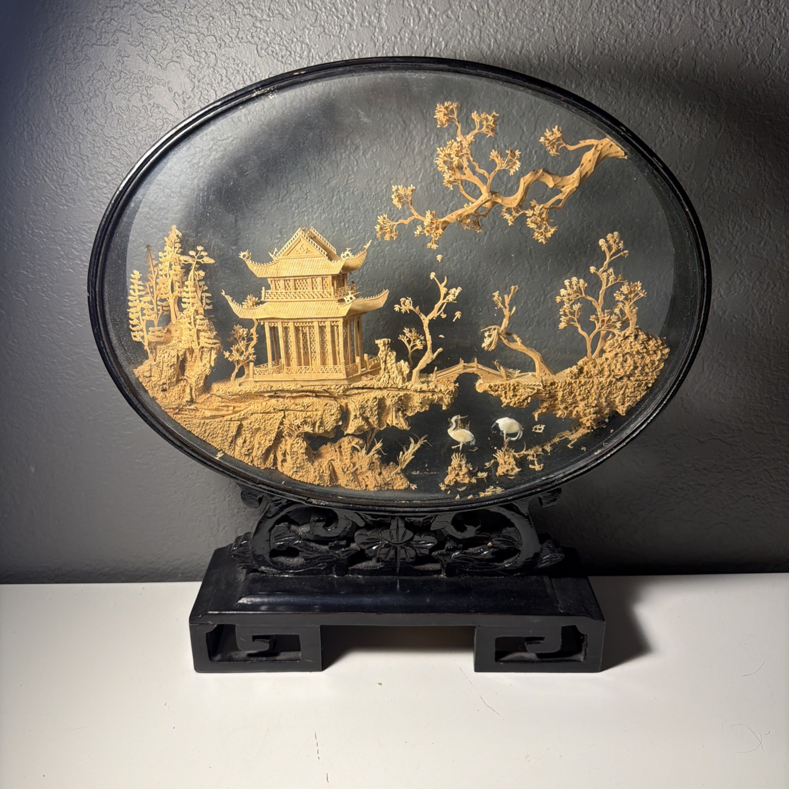 VTG Chinese Hand Carved Cork Diorama Shadow Box Asian Art Pagoda Cranes Trees