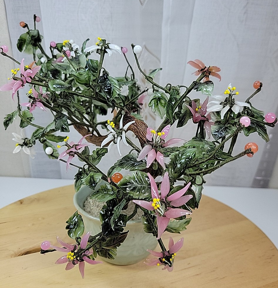 VTG Chinese Flowering Plastic Glass Jade Bonsai Tree Celadon Porcelain Cachepot