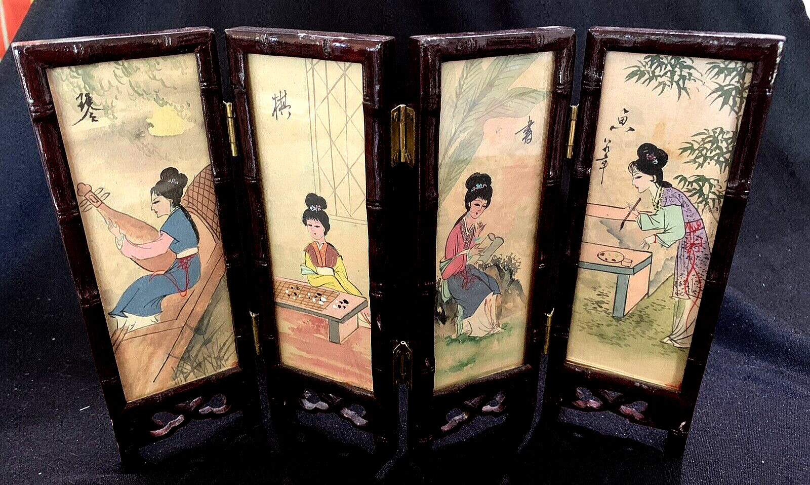 Vintage Chinese Mini Folding Table Top Silk Screen in Original Box 6 3/4″ Tall