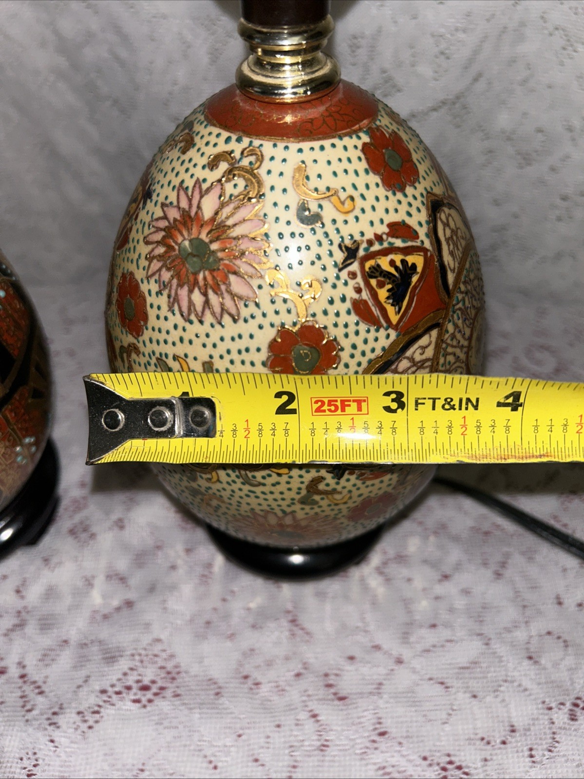 Vintage Chinese Cloisonné Ceramic Hand Painted Egg Lamps With Wood Stand
