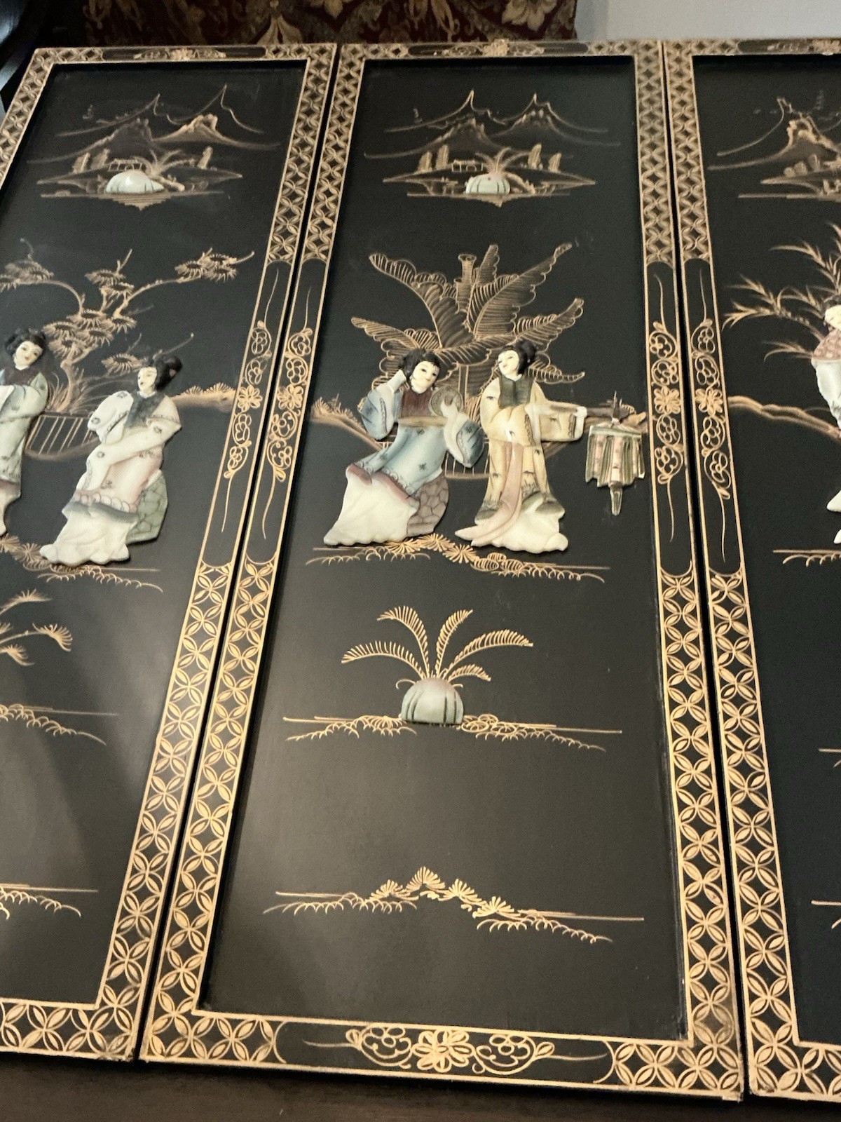 Lot Of 4 Chinese Wood Panel Wall Hanging, 12” By 36”, Used In Great Condition.
