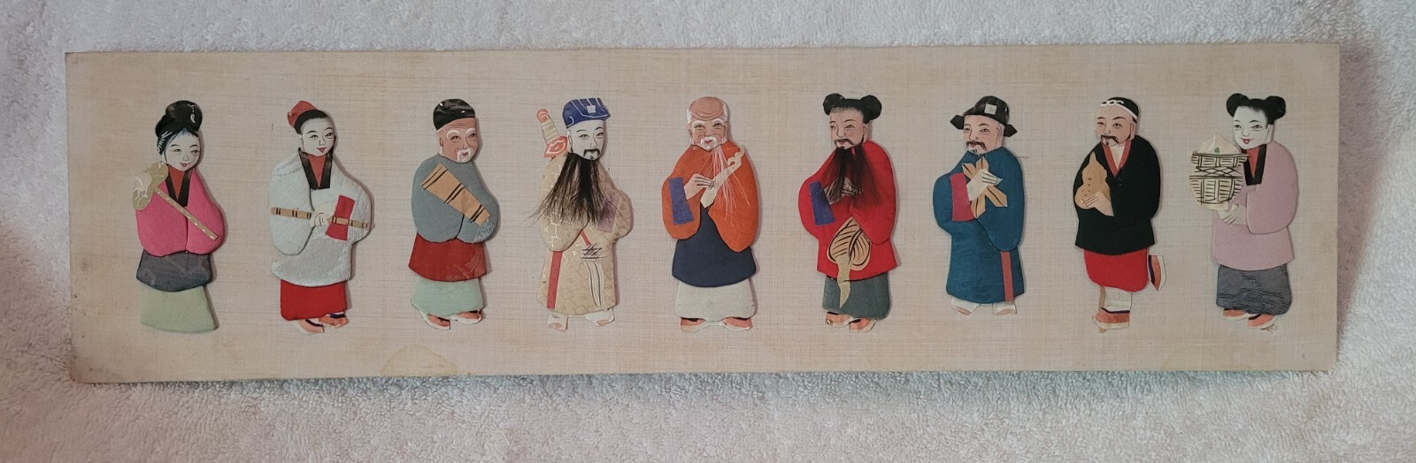 9 Vintage Chinese Mythology Hand Painted Silk On Paper Dolls W/ Hair Unframed
