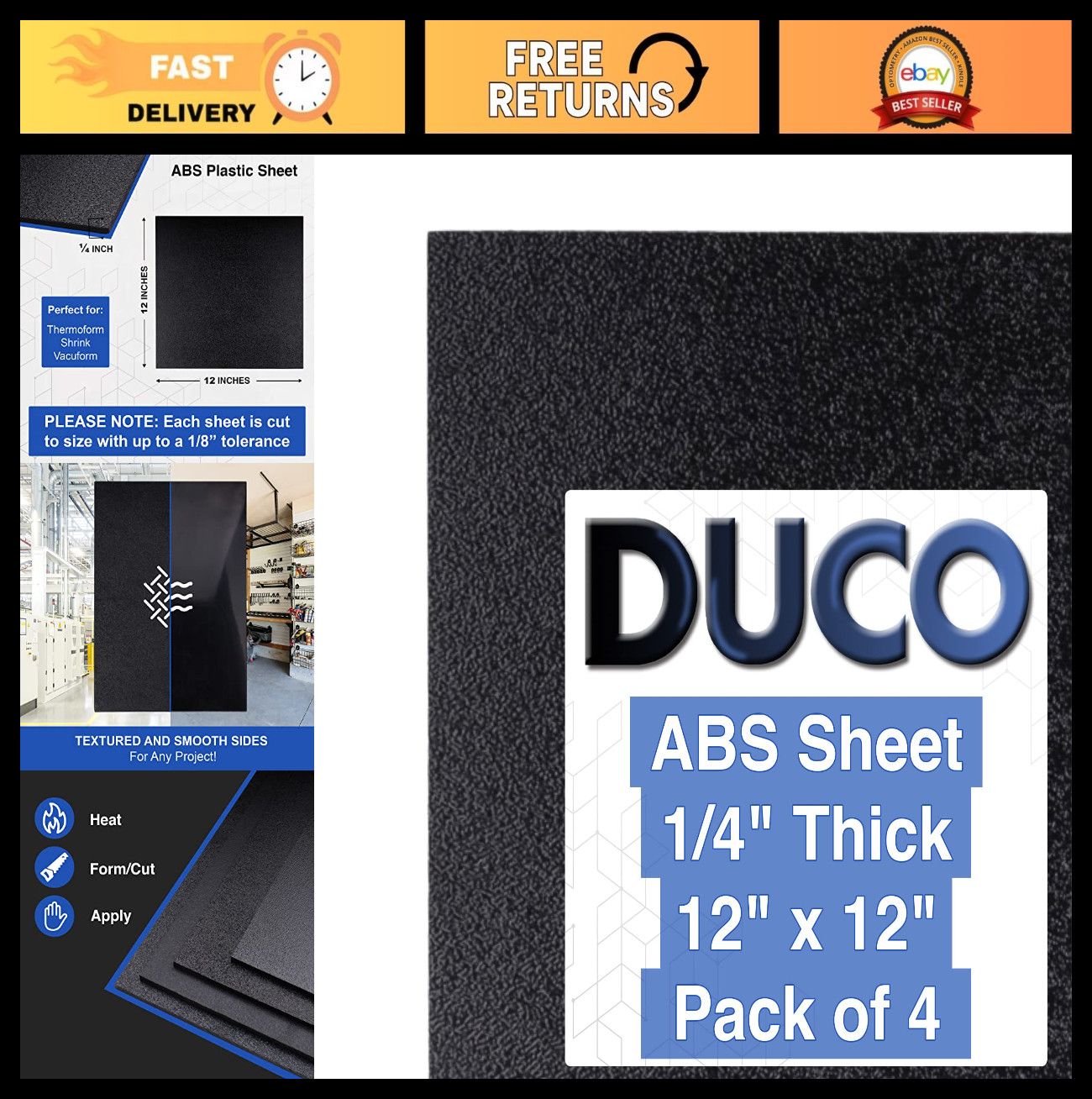 4 Pack 1/4″ Thick ABS Plastic Sheets 12″x12″ – Textured Matte Black for Crafts,