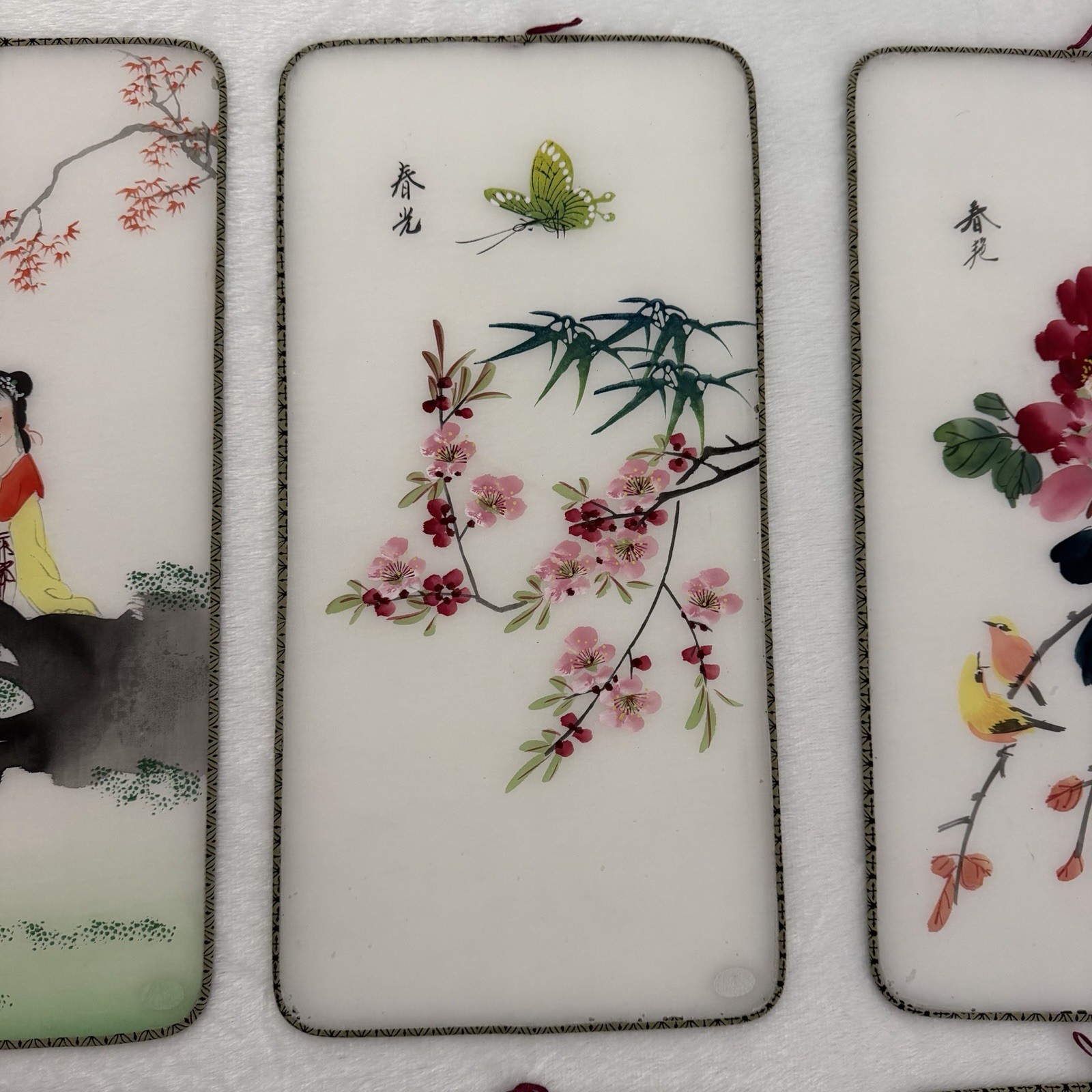 Vintage Chinese Painted Silk Panels Wire Frame Butterfly Koi Flowers Pandas Lady