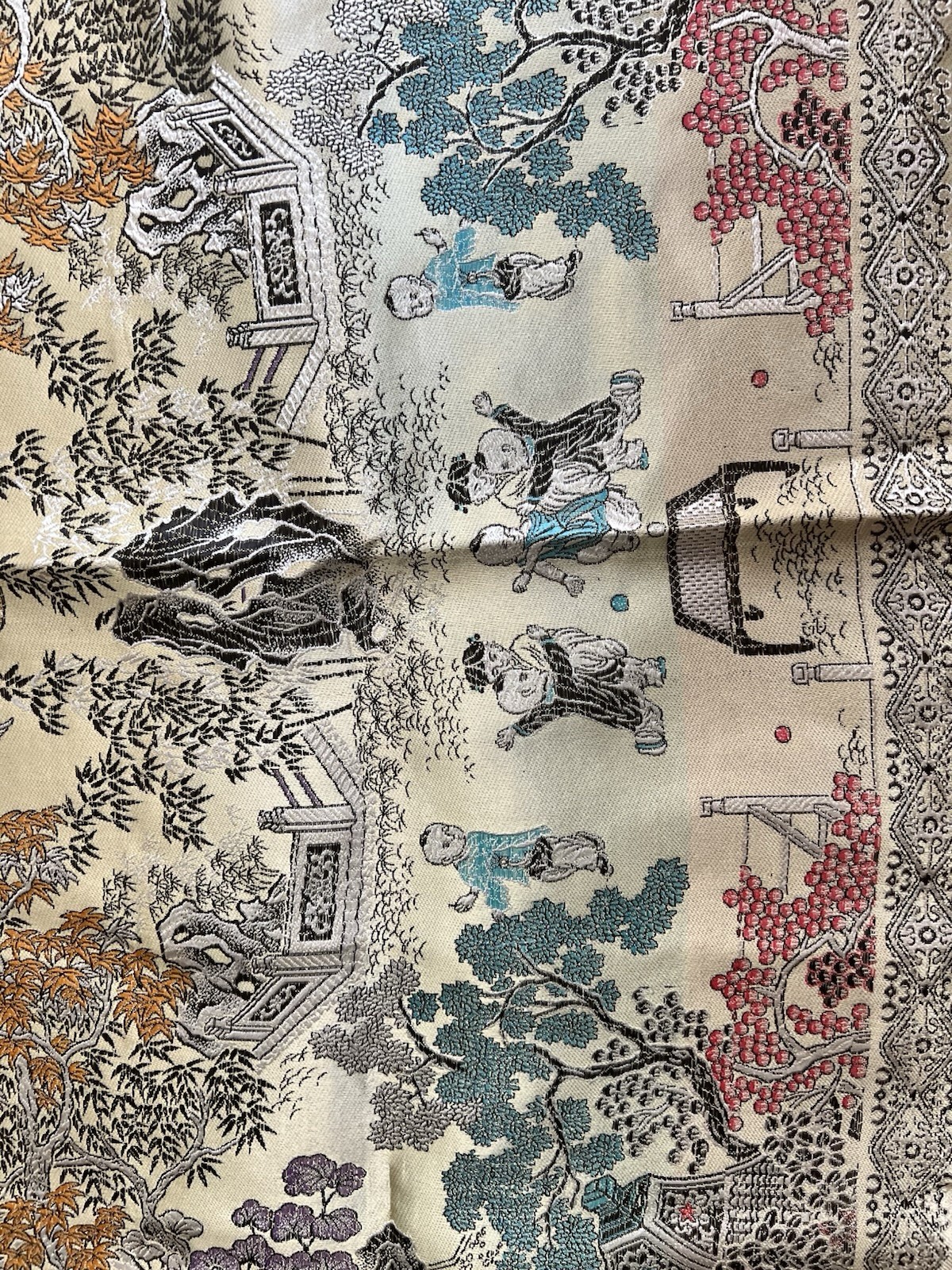 Vintage Chinese Silk Brocade China Tapestry Table Cloth 36”x 36” Yellow Fringe