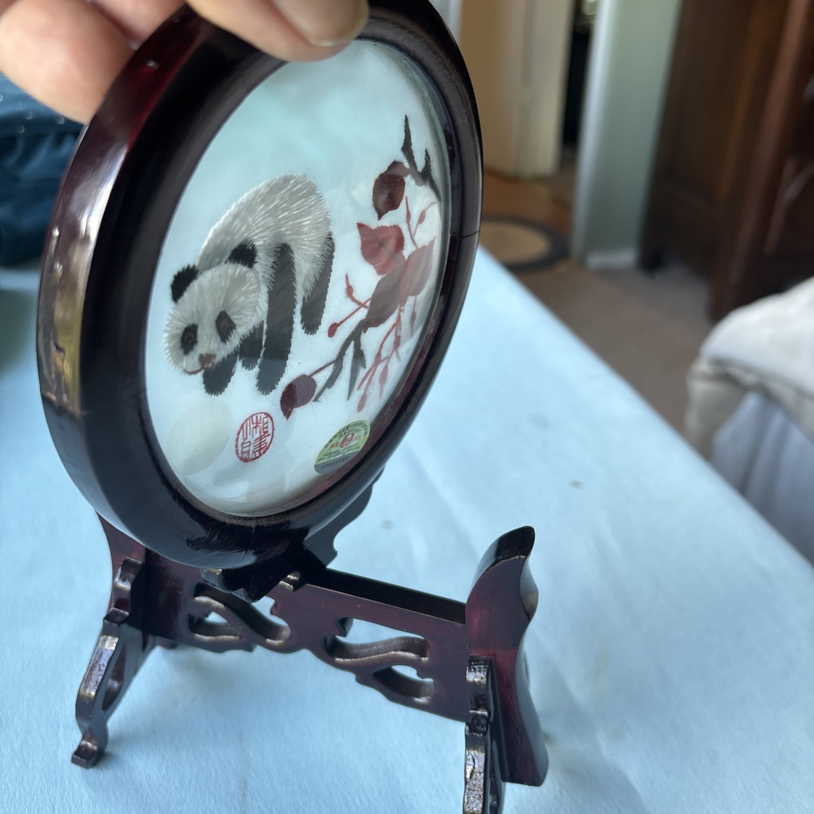 Handmade Chinese Double-Sided Silk Embroidery Panda Art Wood Stand w/Gift Box