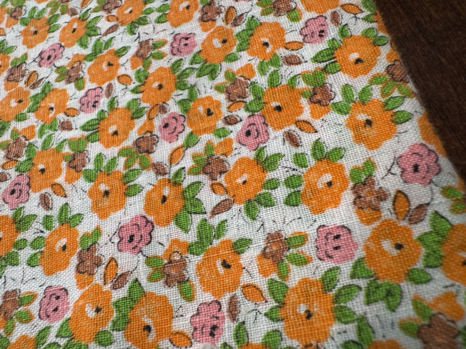 NEW Vintage Cotton Fabric w Store Tag 2 YARDS 35″ W Ditsy Orange Floral 60s 70s