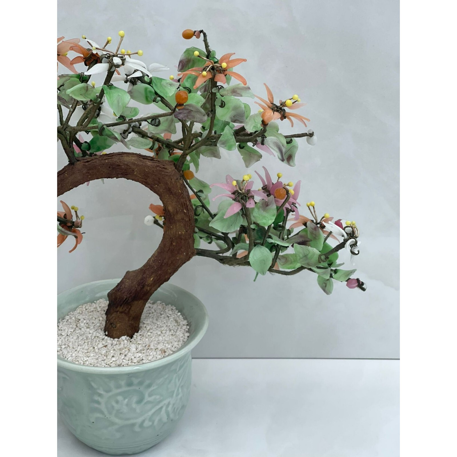 Vintage Glass Large Chinese Bonsai Tree Jade Stone Multicolor Sz 13inch
