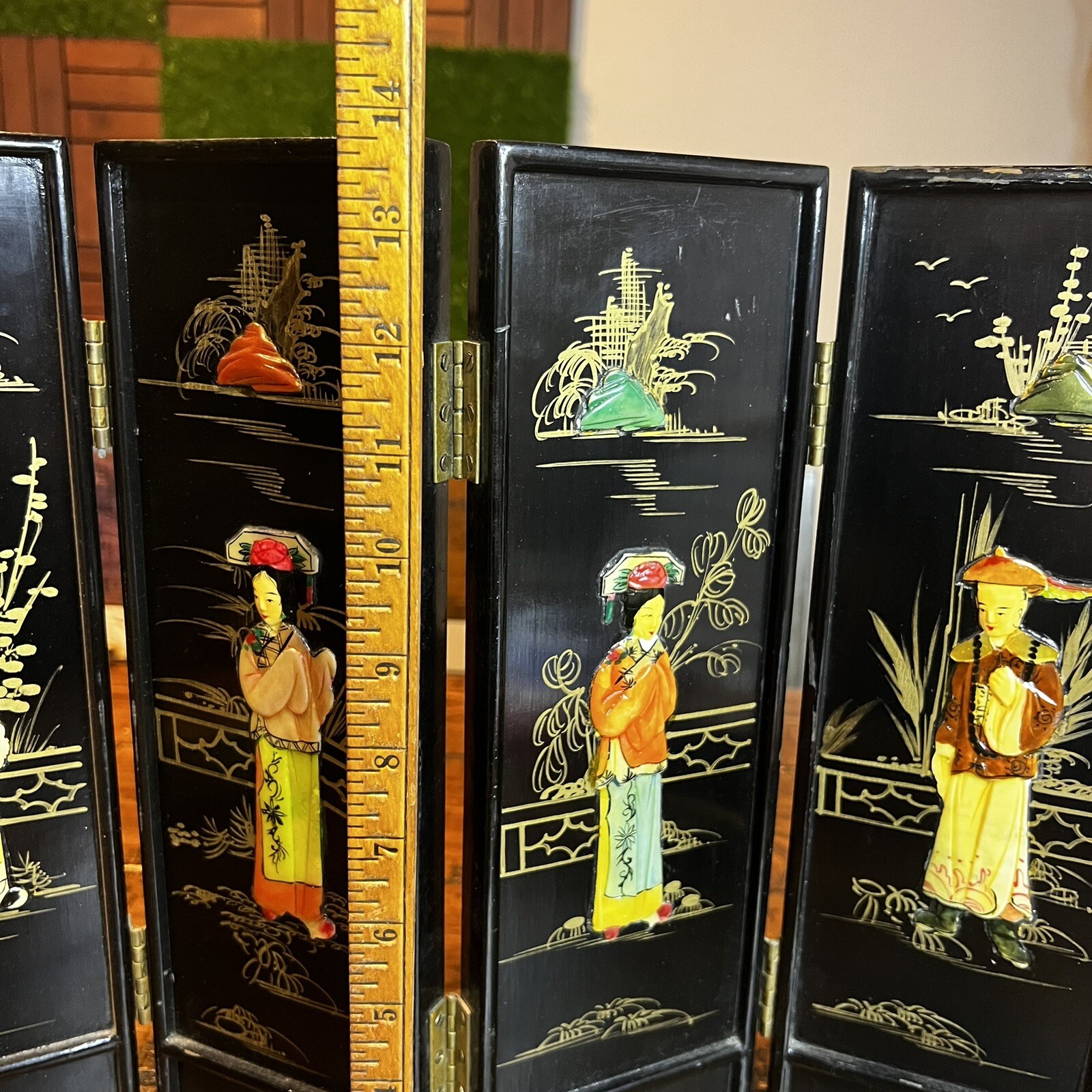 Vintage Mini Asian Chinese Lacquer Table Top Folding Screen Carved Stones Rare