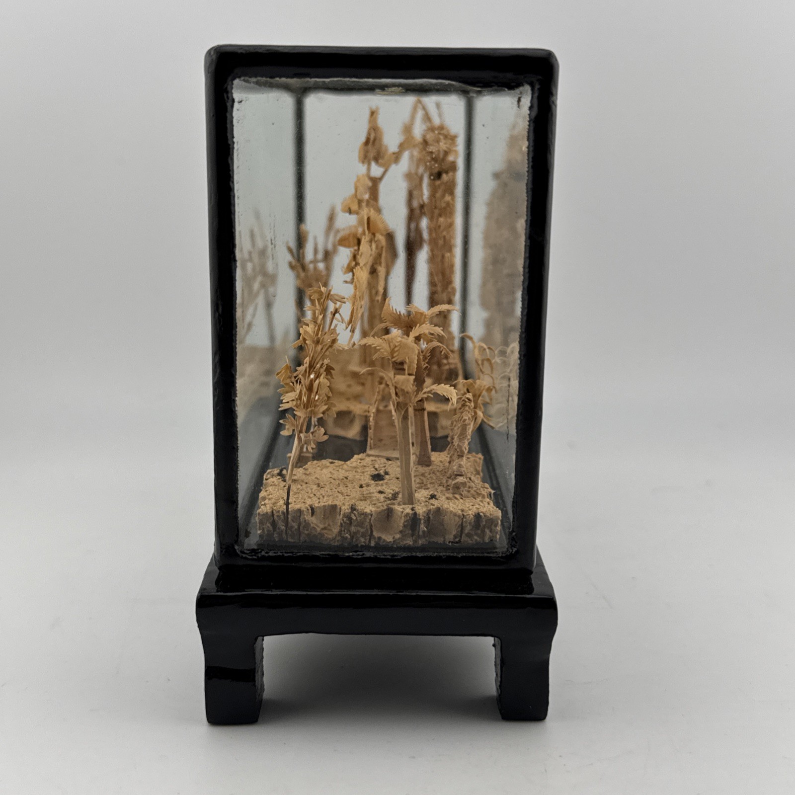 Vintage Chinese Hand Carved Cork Diorama with birds Framed Glass Wood