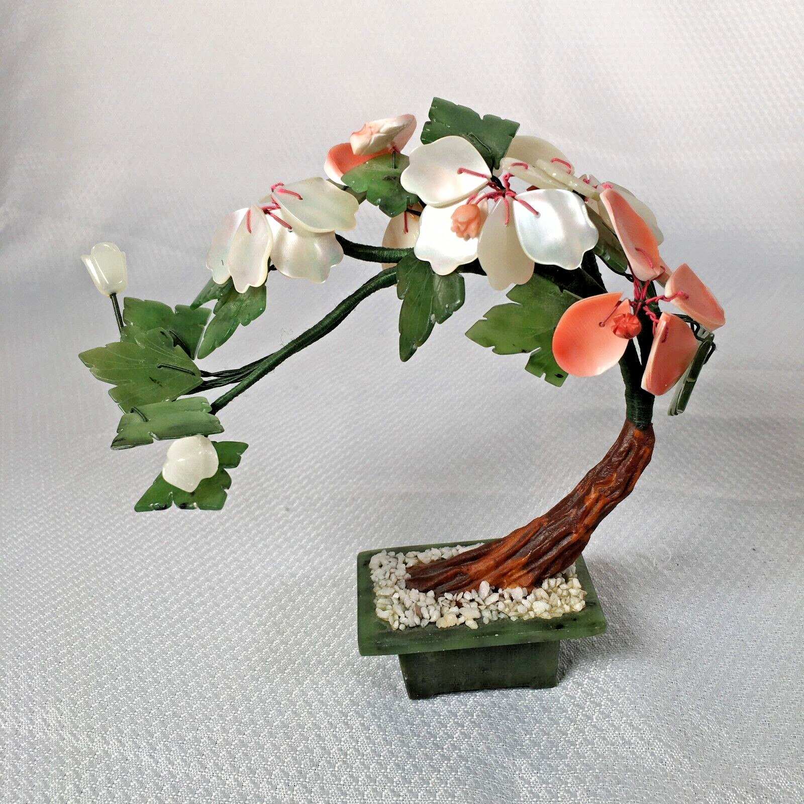 Vtg Glass Bonsai Tree Jade Base Intricate White & Salmon Colored Flowers 6×6″