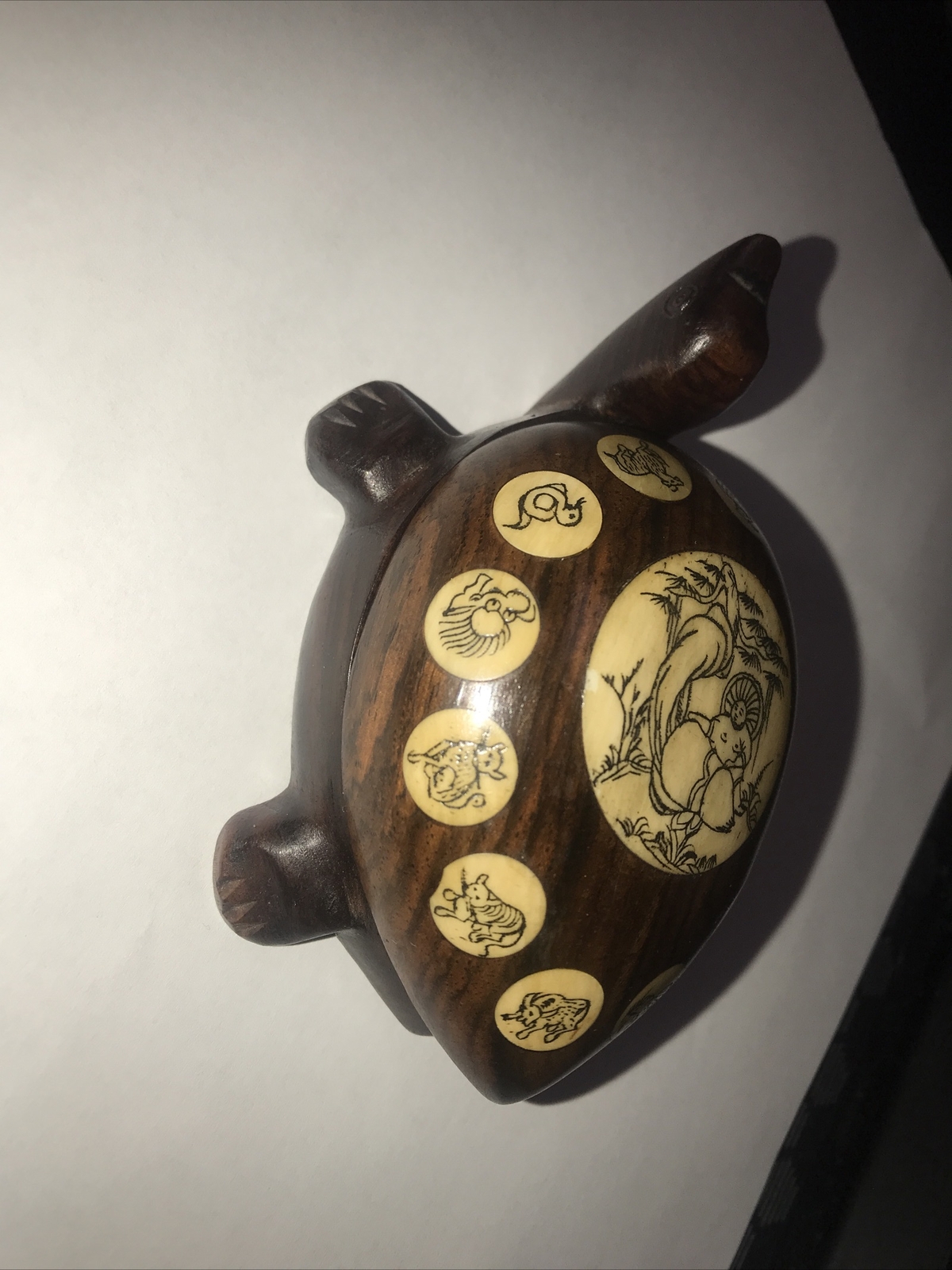 Vintage Carved Wood Turtle with Inlaid Chinese Zodiac Signs Opens to Compass 183