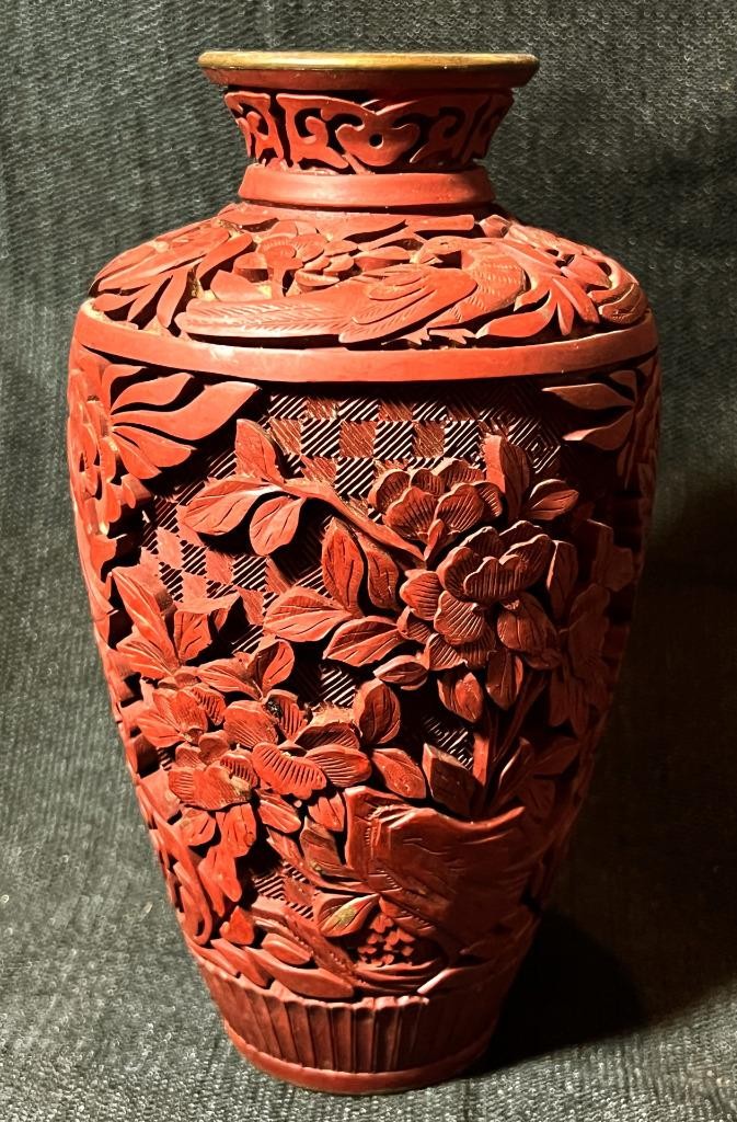 Old Chinese Antique Hand Carved Cinnabar Red Lacquer Vase Urn QING Blue Enamel