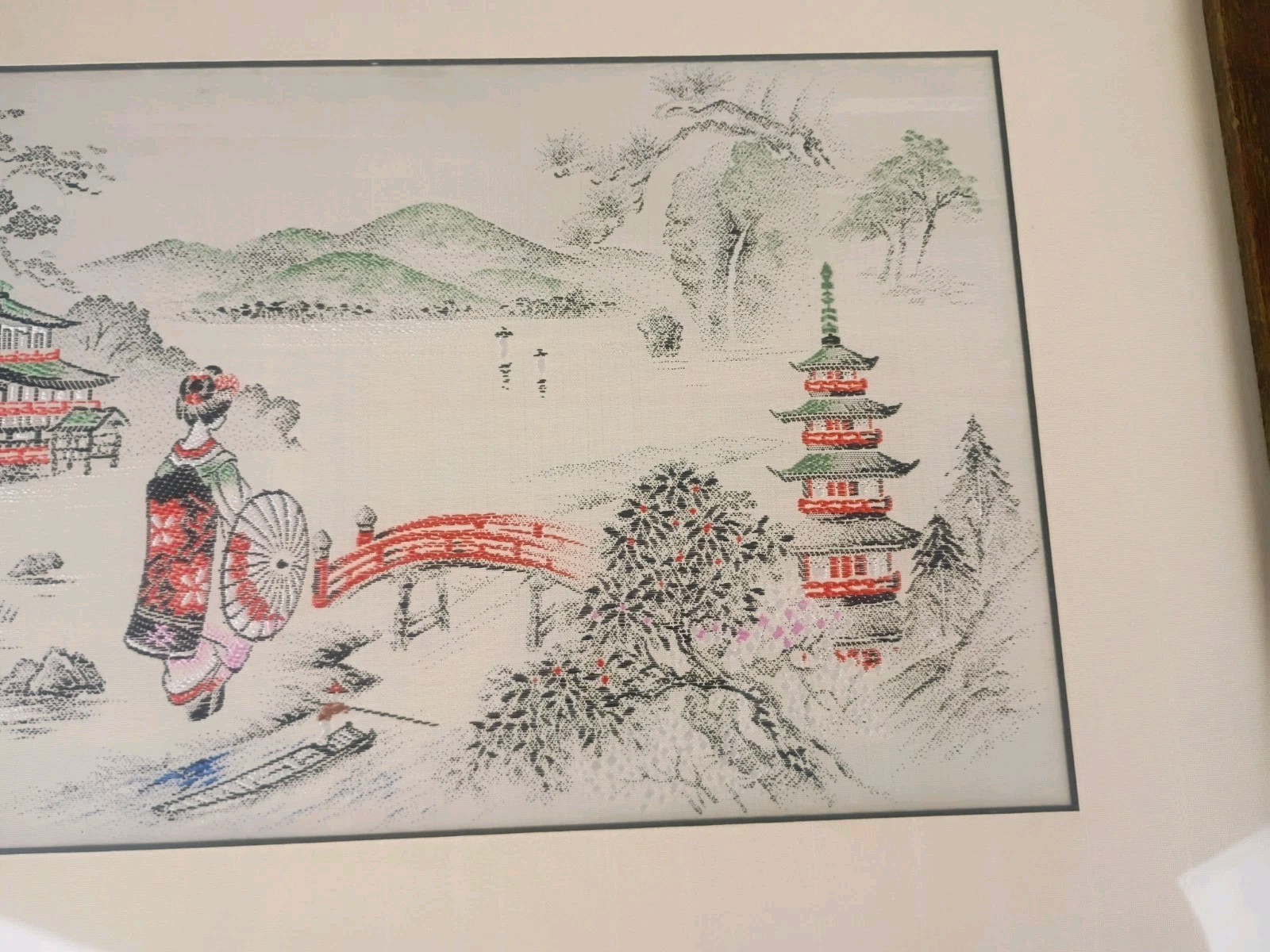 Vintage JapaneseSilk Embroidery Brocade Textile Art Temple Landscape Scene