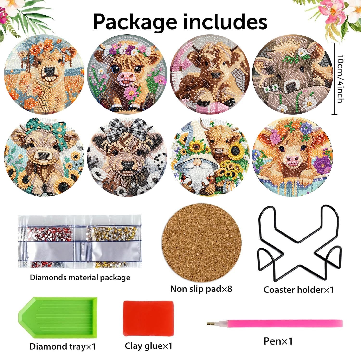 8 Pcs Baby Highland Cow Diamond Art Coasters Kit 3.9 x 3.9 Inch