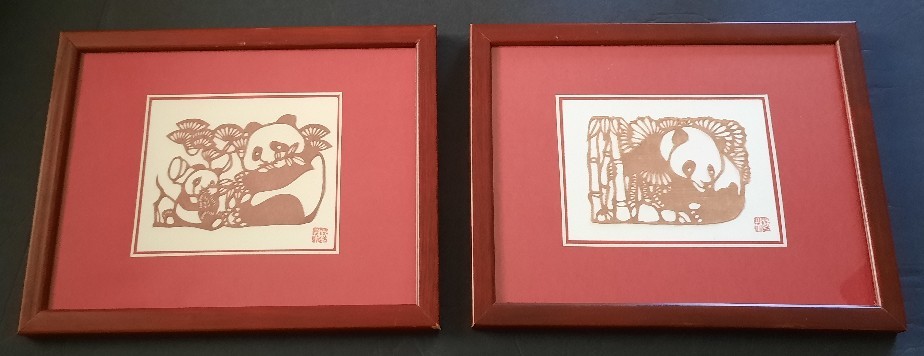Pair of Vintage Chinese Art Paper Cutting Signed Framed Pandas.
