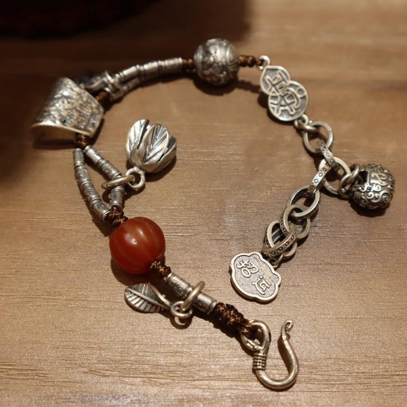 Vintage Fu Lock Multi Gem Bracelet Silver Agate Fortune Beaded Bangle