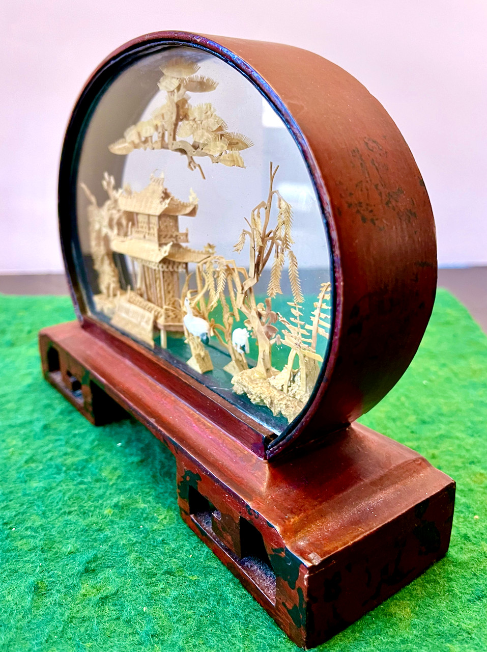 Vintage Chinese San You Cork Carving Diorama w/Pagod Trees & Cranes Wooden Stand