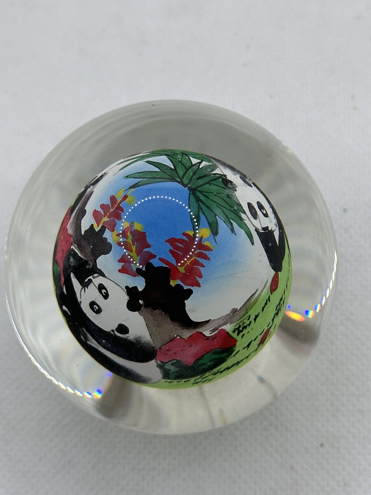 Chinese Glass Ball Sphere Paperweight Reverse Hand Painted Pandas
