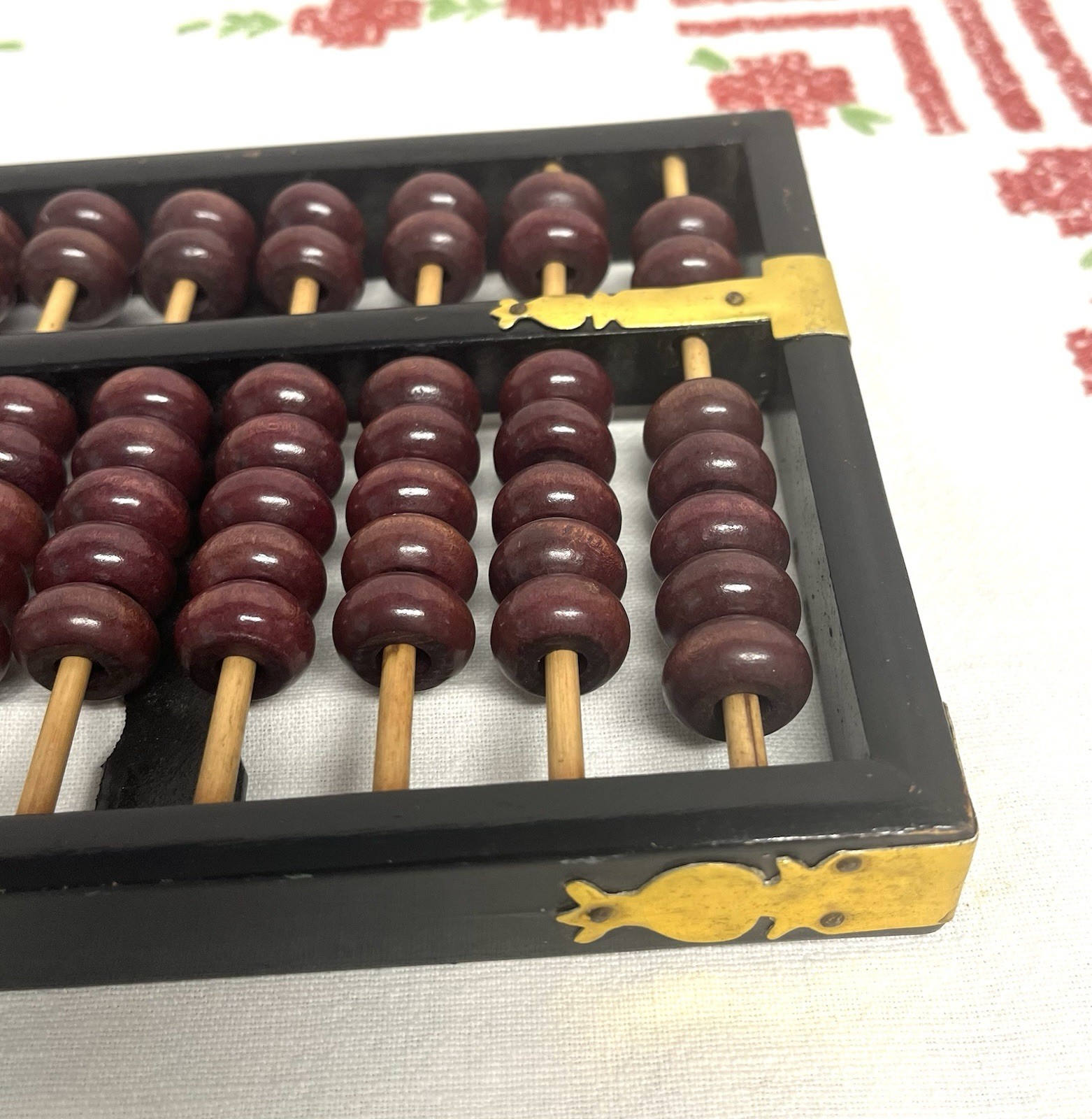 Vintage Chinese abacus black wooden frame brown beads brass reinforcements