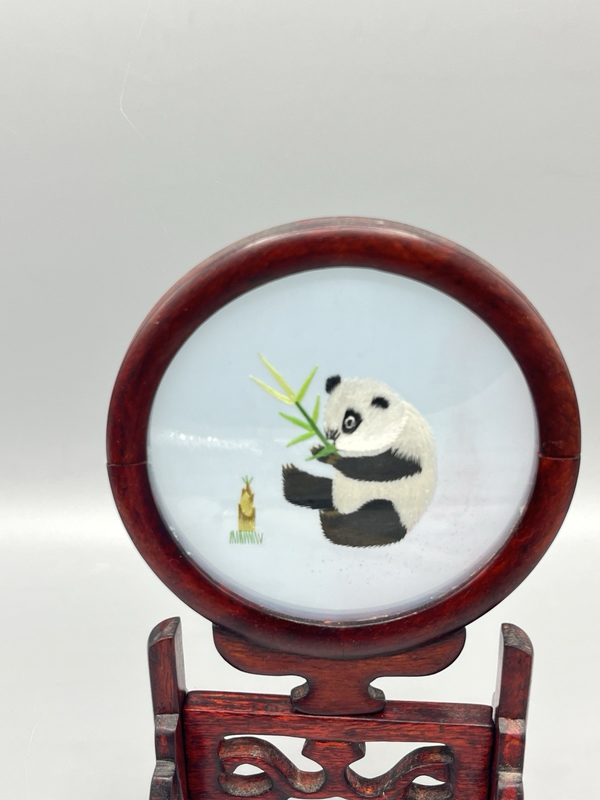 ASIAN Chinese Panda Double Sided Silk Embroidery Wooden Screen – Read