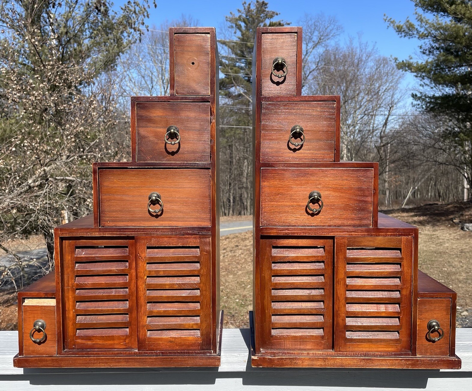 Pair of Vintage 20th C. Dovetailed Tansu Step Wooden Shelves Asian Art
