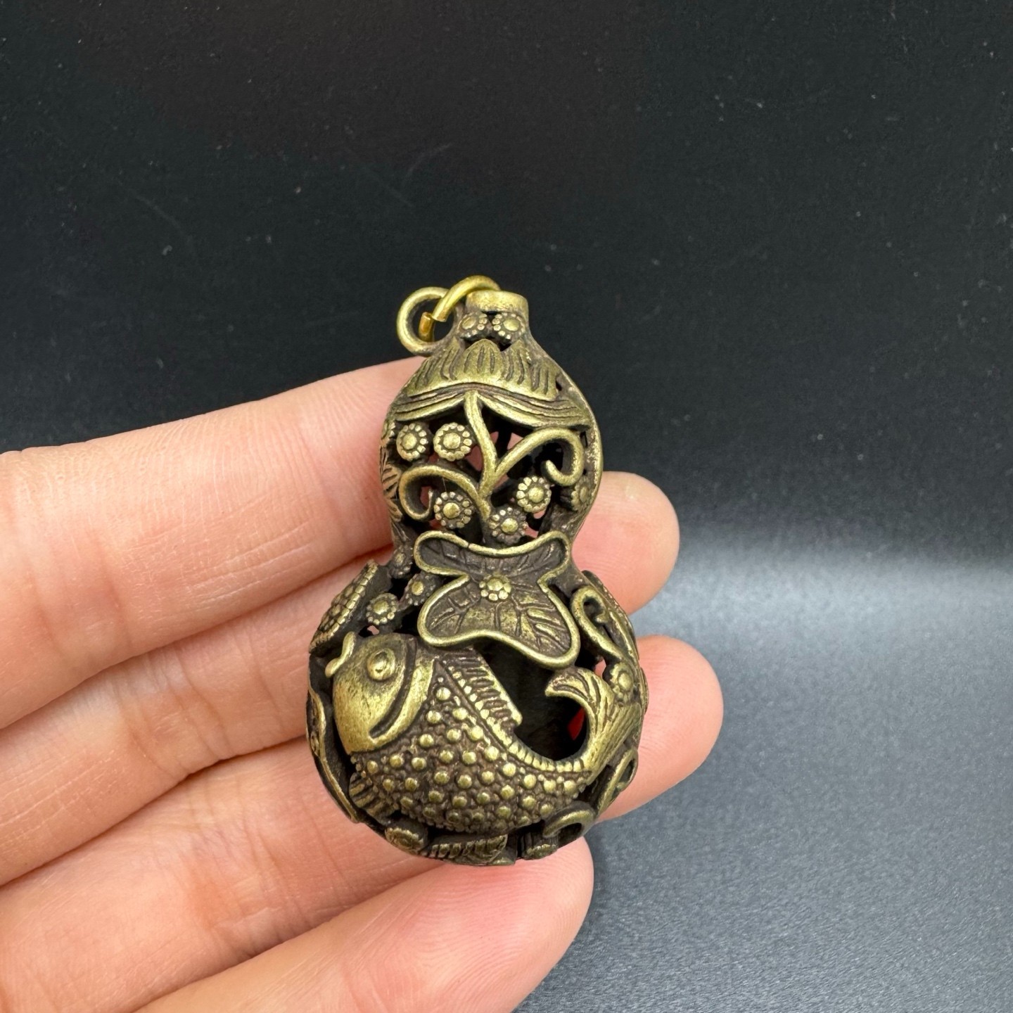 Vintage Brass Hollow Gourd Pendant Carp Lotus Fish Lucky Wealth Feng Shui Charm